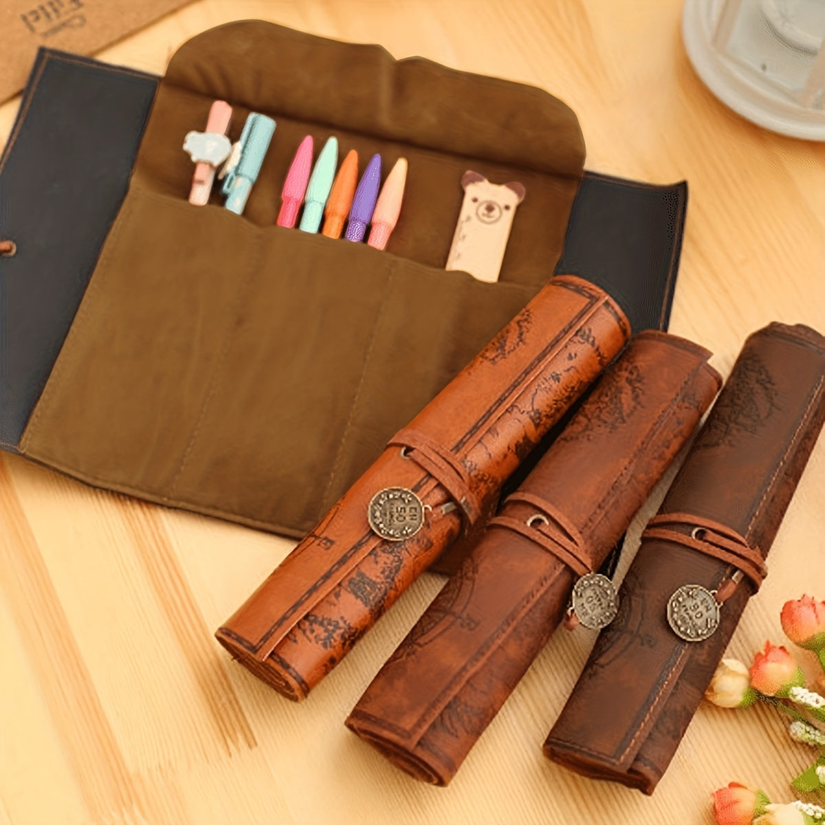 PU Leather Roll up Pen Bag Vintage Treasure Map Pencil Pouch