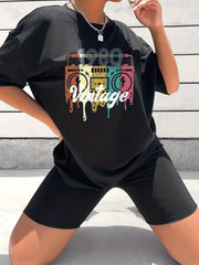 Vintage Letter Graphic T-shirt & Solid Shorts Set Women's Active