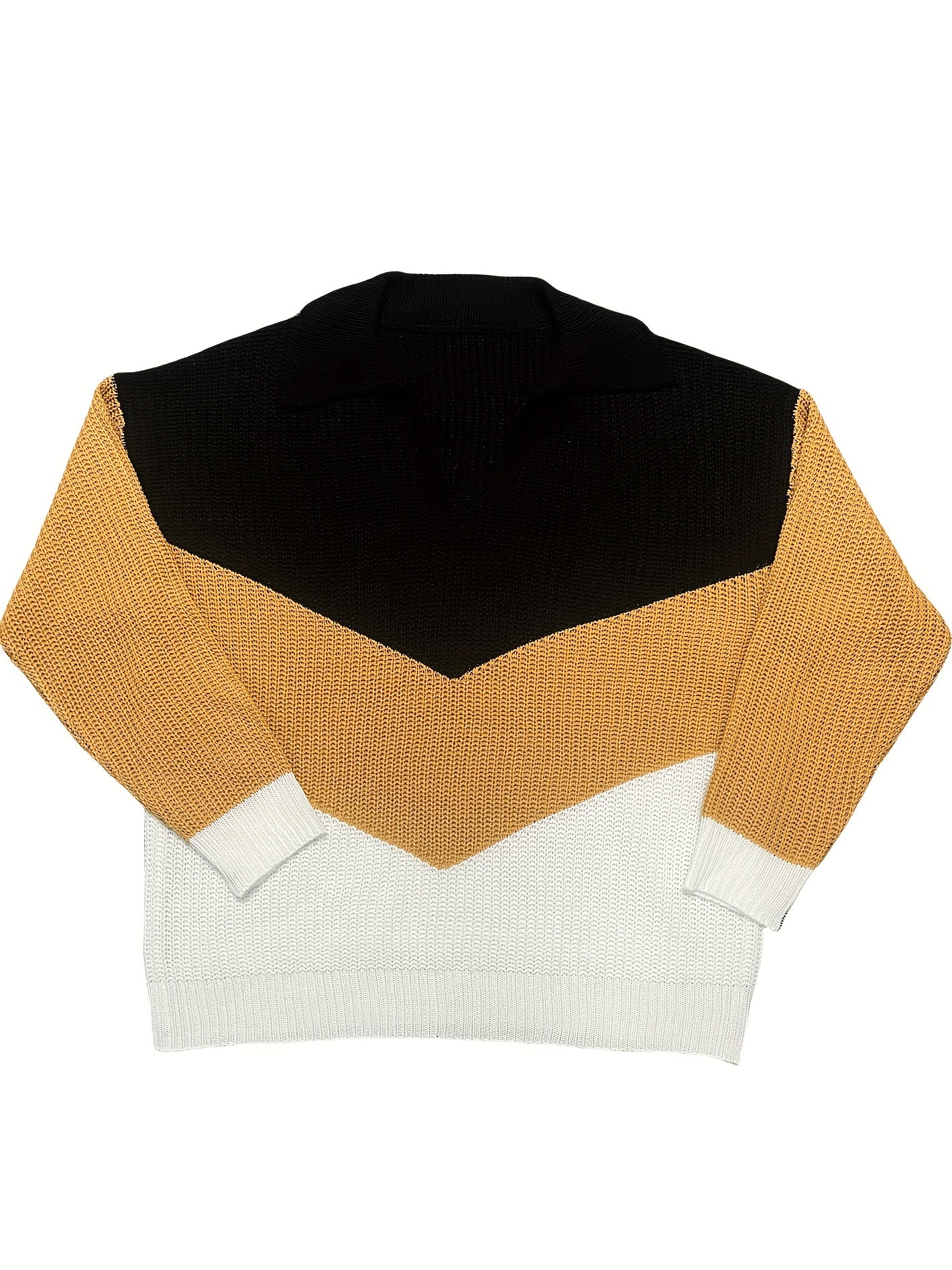 Colorblock Long Sleeve Notched Neck Jumper