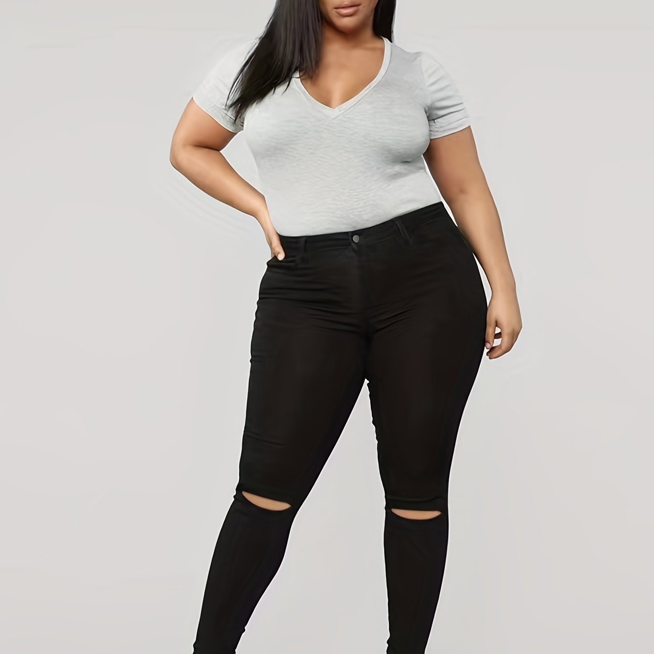  Casual Jeans Women's Plus Solid Ripped Skinny Jeans