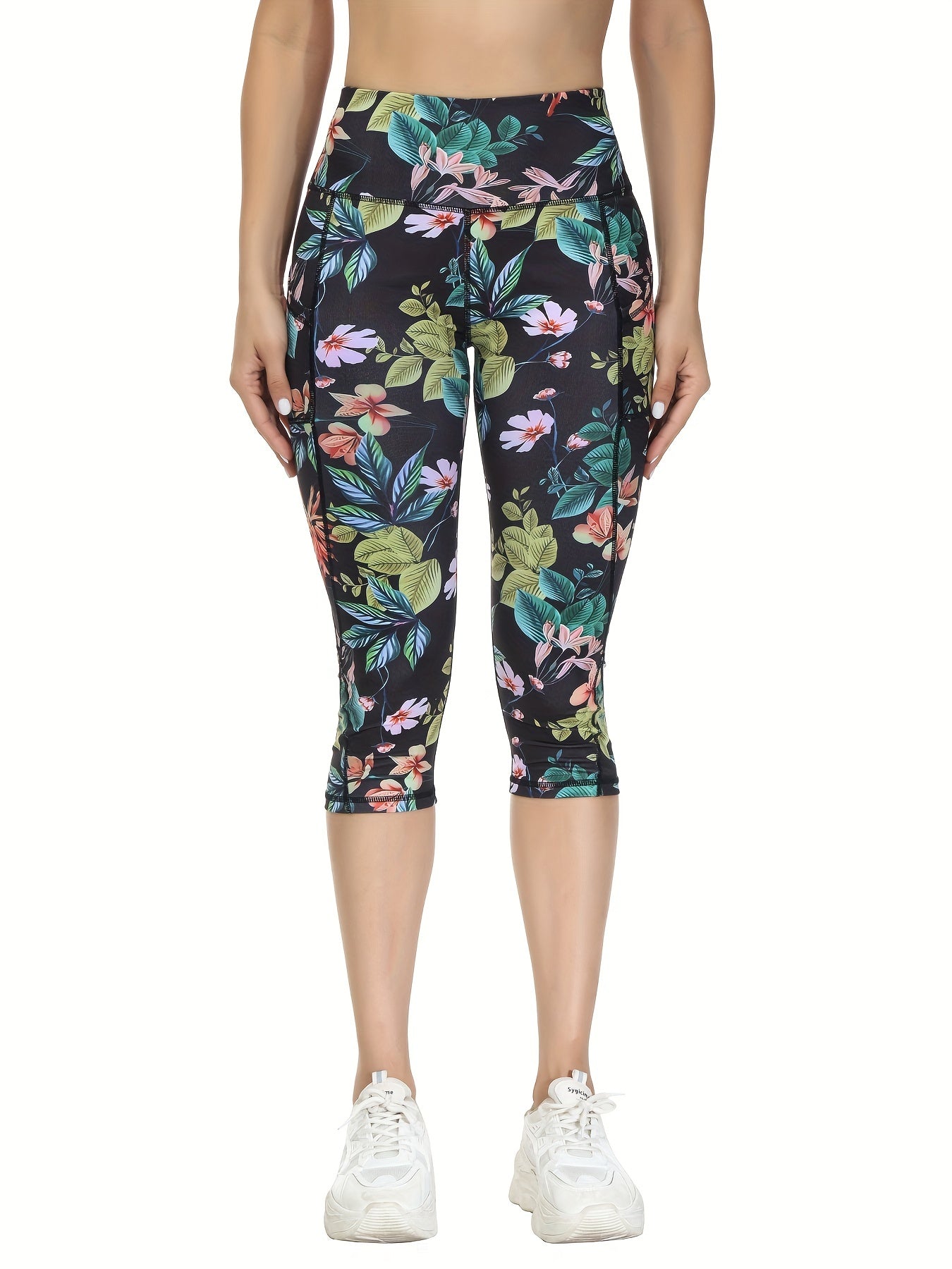 High Waist Yoga Capris w/ Pockets Tummy Control Floral Print Non See Through