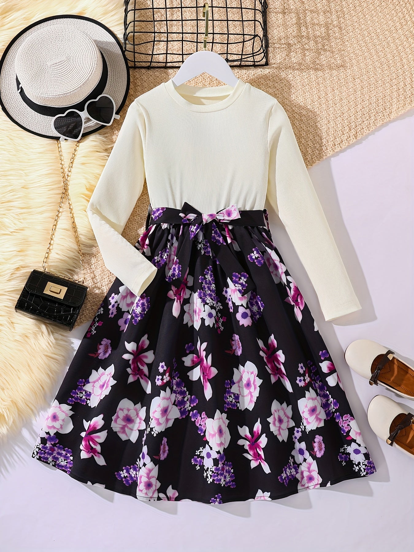 Girls Long Sleeves Flowers Splicing Belted Dress For Party Kids Spring Clothes