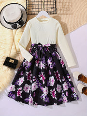 Girls Long Sleeves Flowers Splicing Belted Dress For Party Kids Spring Clothes