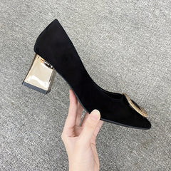 Women's Pointed Toe High Heels Square Metallic Slip On Shoes
