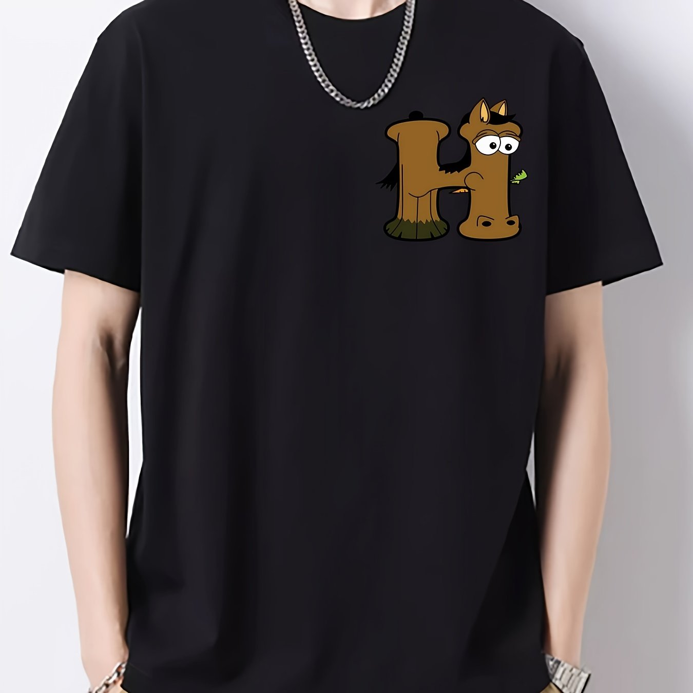 Horse & Tree Pattern Print Men's Cotton Crew Neck T shirt