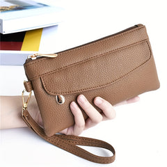 Soft PU Leather Clutch Handbag Zipper Closure Wristlet Strap