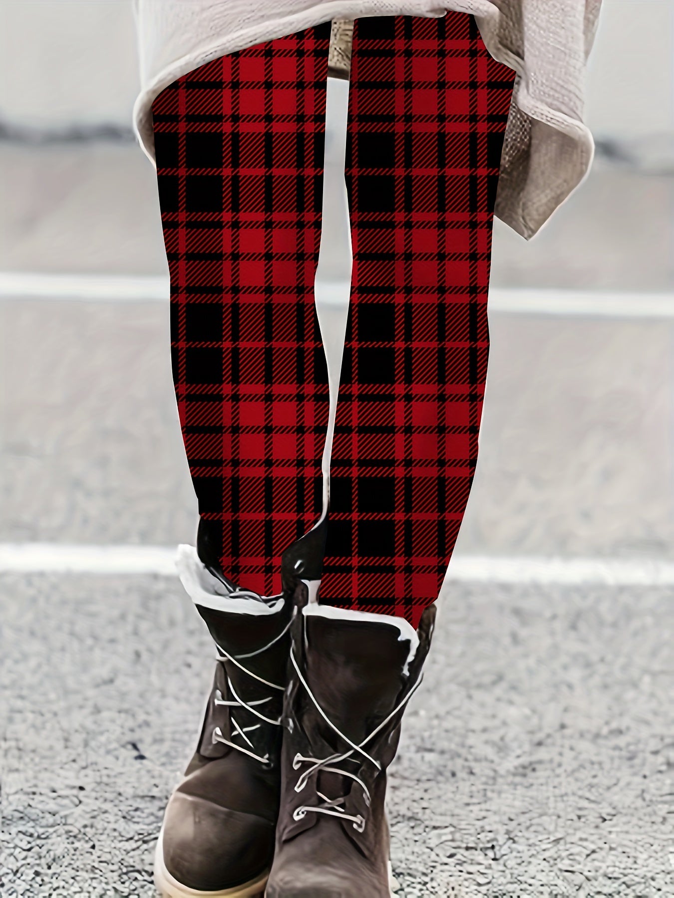  Women's Plaid Print High Rise Leggings