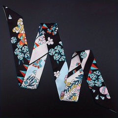 Floral Long Ribbon Scarf Silk Necktie Print Hairband
