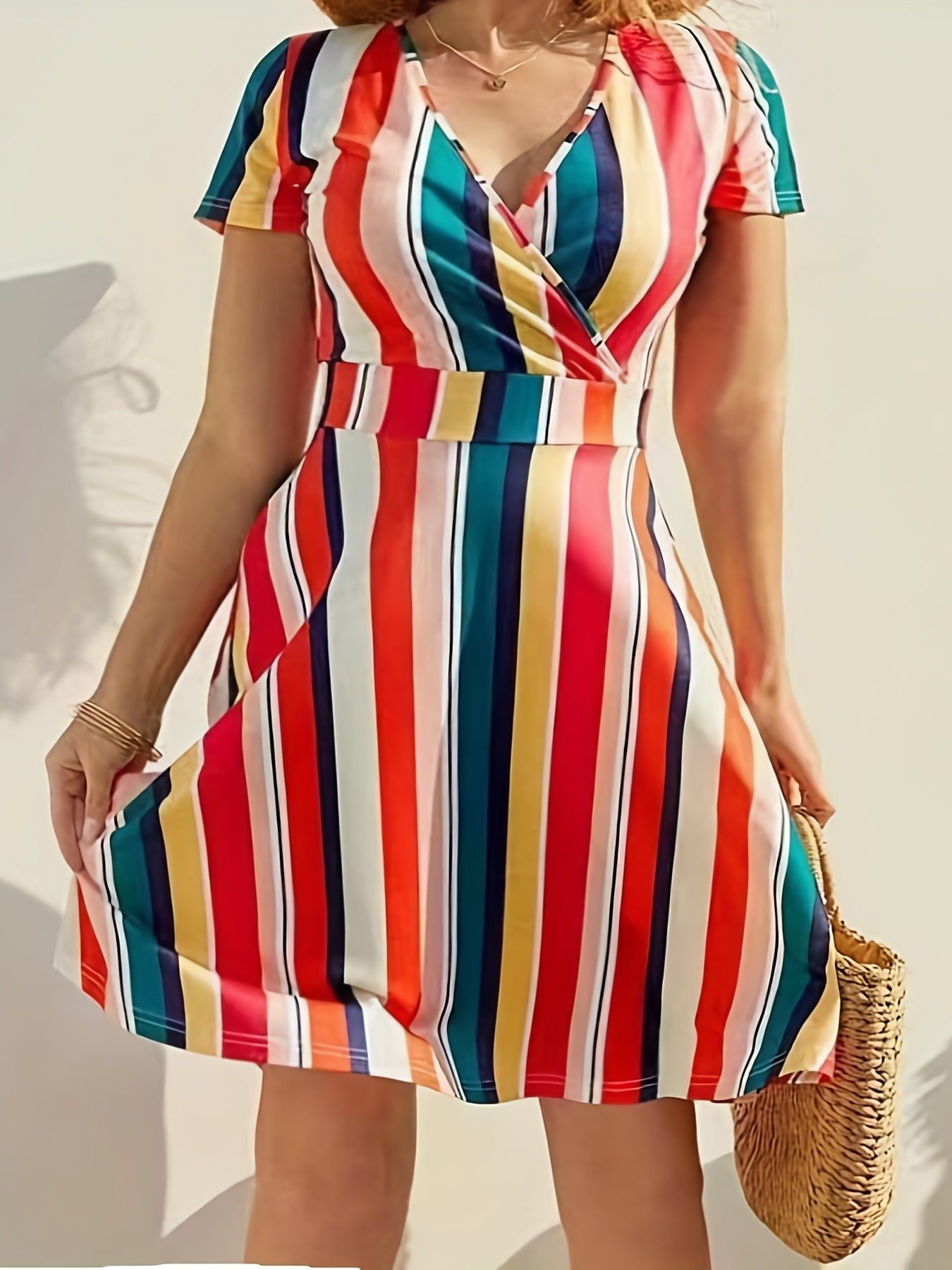  Boho Dress Women's Plus Stripe Print Short Sleeve Dress