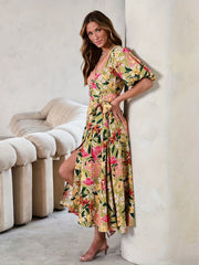 Floral Print Bubble Sleeve Maxi Belted Dress