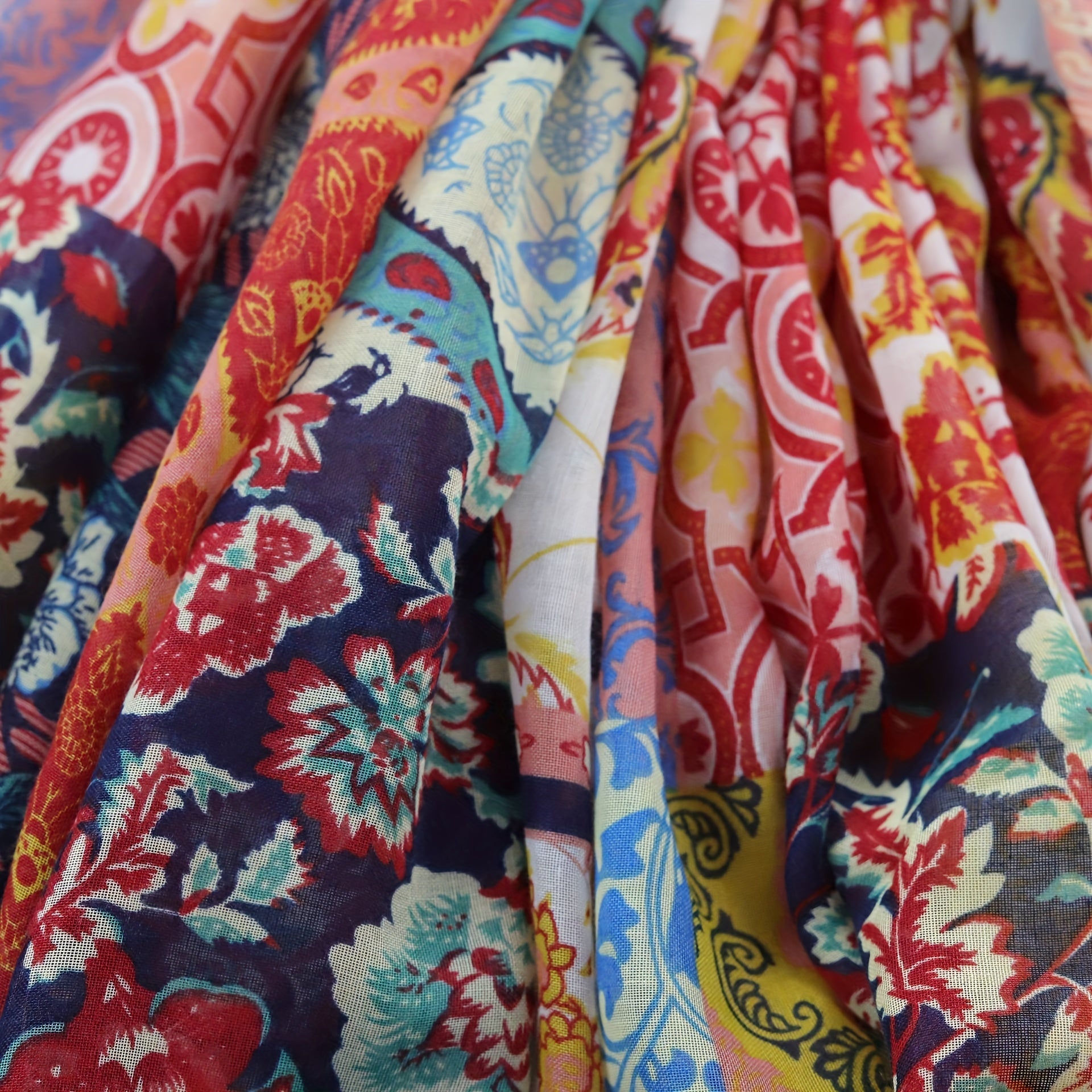 Geometric Flower Print Scarf Vintage Block Tassel Shawl Boho Windproof Head Wrap