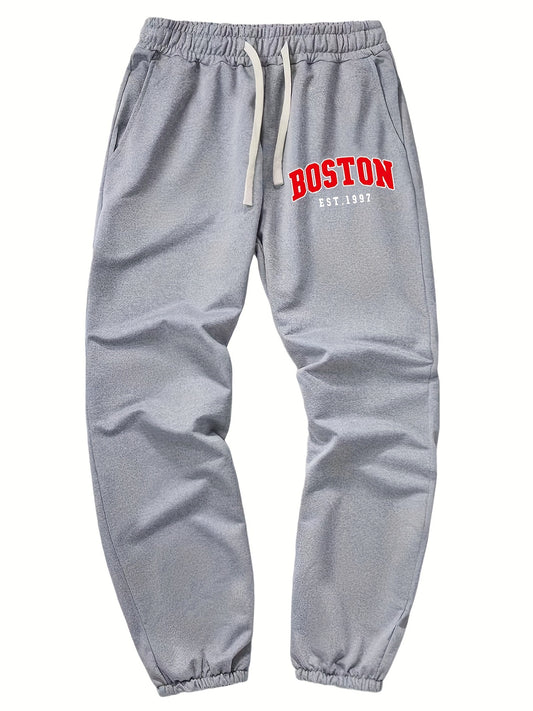 Boston Print Drawstring Sweatpants Men's Loose Fit Joggers
