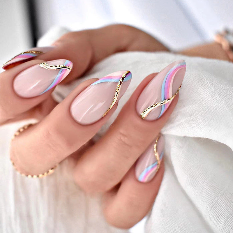 24 Pcs Almond False Nails Glossy Designs Full Cover Acrylic Manicure Pink
