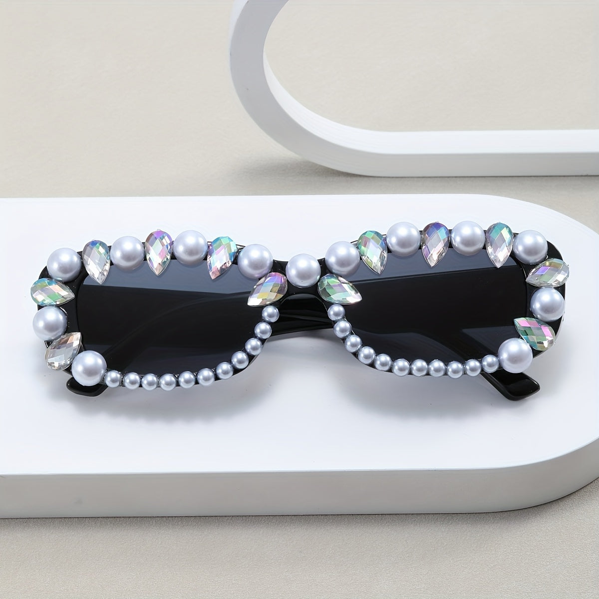Y2K Rectangle Sunglasses Rhinestone & Faux Pearl Anti Glare UV400