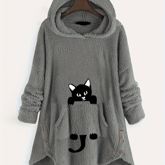 Cat Pattern Print Asymmetrical Loose Hoodies Casual Printed Long Sleeve Hoodies