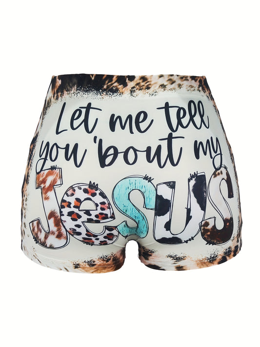 JESUS Print Skinny Shorts Casual Shorts Women's Clothing
