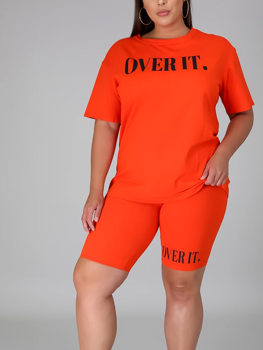  Letter Print Tee & Biker Shorts 2pcs Set Women's Plus Casual Outfits
