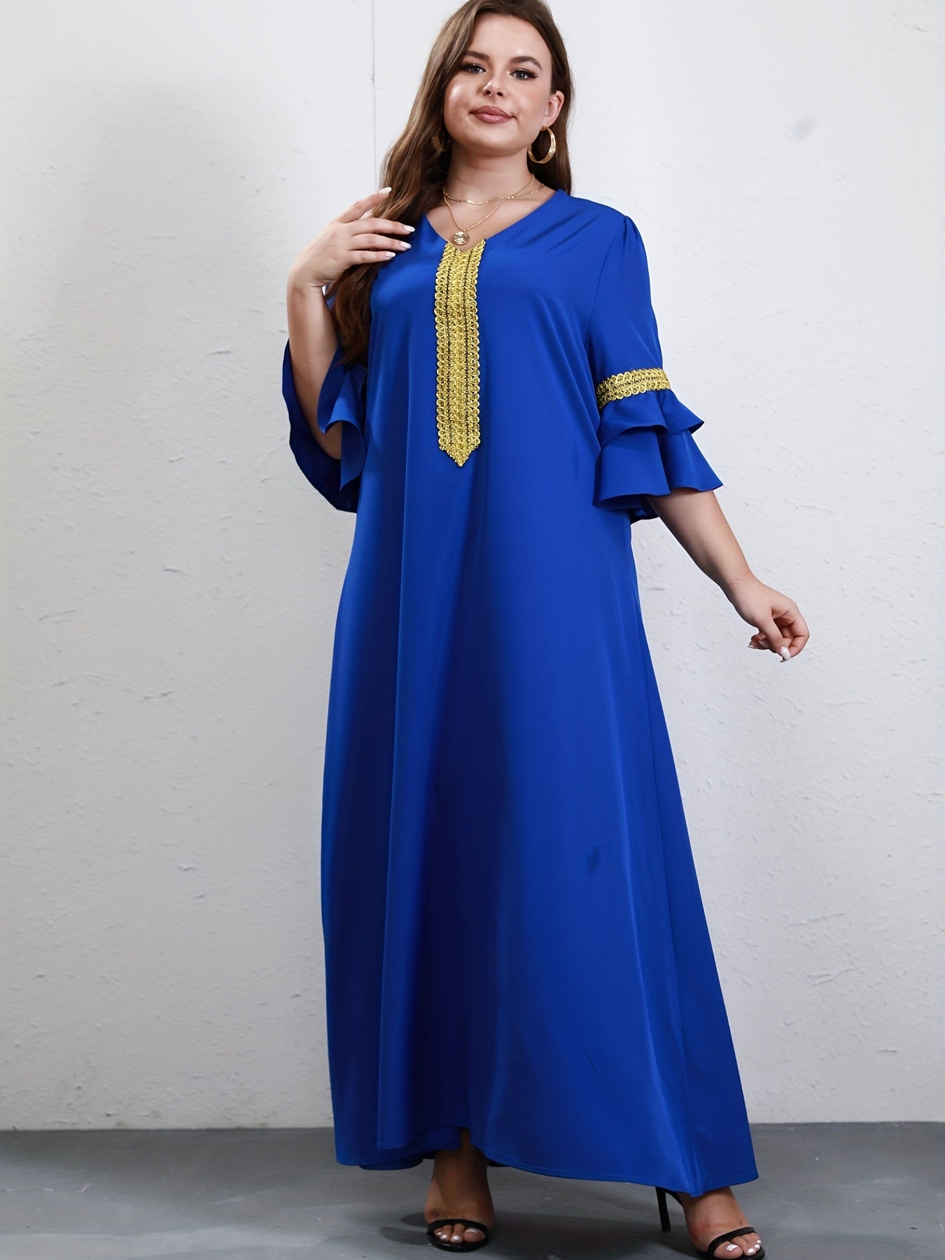  Ramadan Kaftan Dress Solid Contrast Lace Ruffle Sleeve V Neck