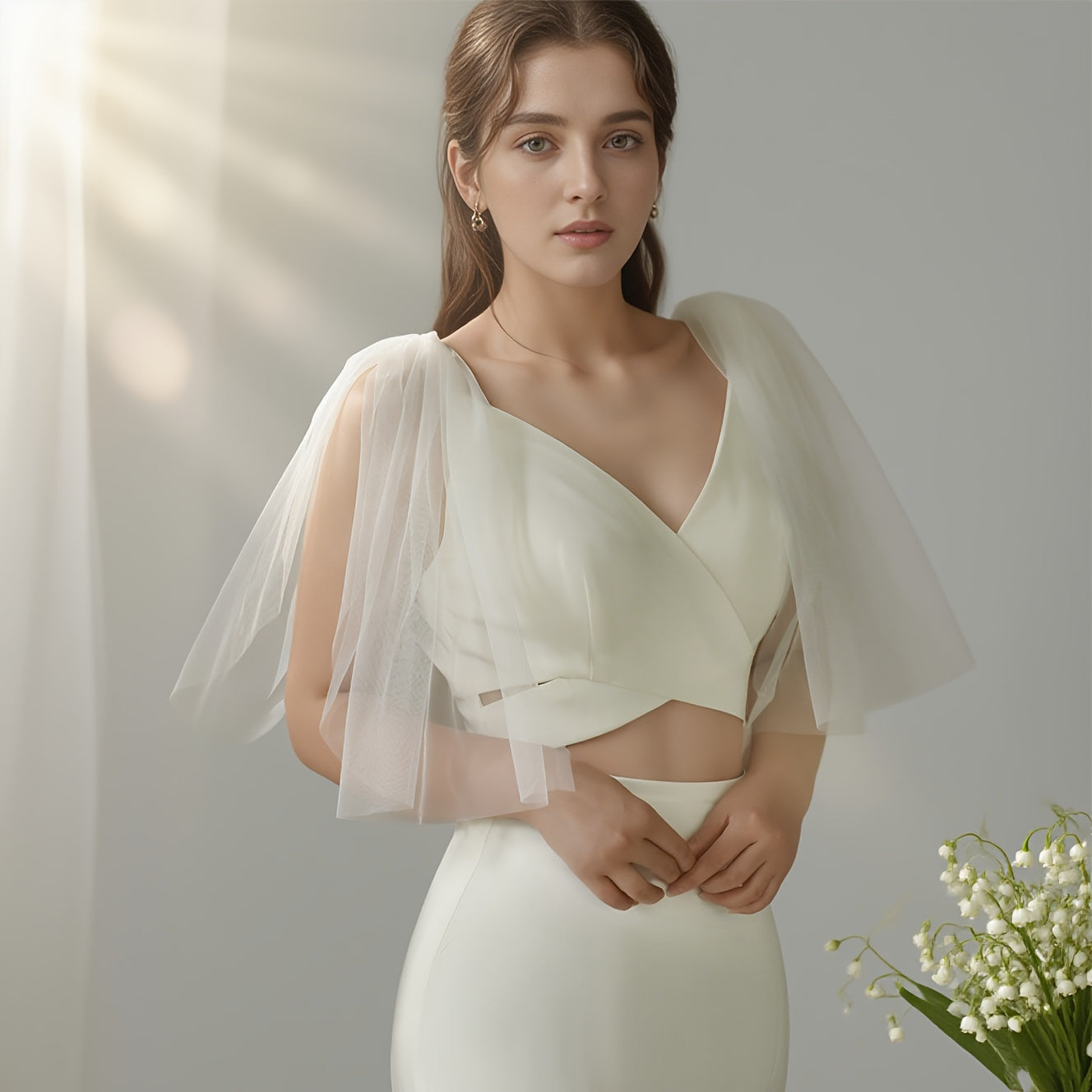 Detachable Bridal Shawl Puff Sleeves Nylon Wedding Dress Accessory