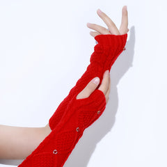 Red Rhombus Ribbed Knitted Gloves Elastic Warm Gloves Faux Pearl Decor