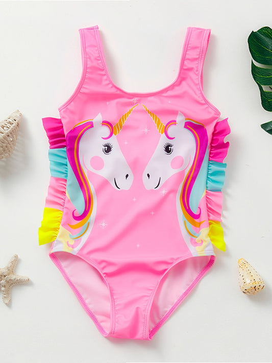 Girls Pink Unicorn One Piece Swimsuit Ruffles Patchwork Beach Bathing Suit