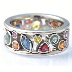 Colorful Rhinestones Women's Ring 925 Silver Plated Boho Style Hand Jewelry