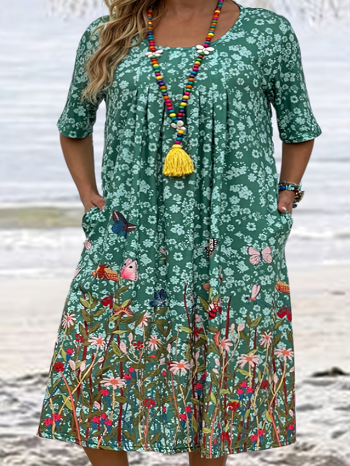  Floral & Butterfly Print Tee Dress With Pockets