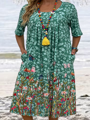  Floral & Butterfly Print Tee Dress With Pockets