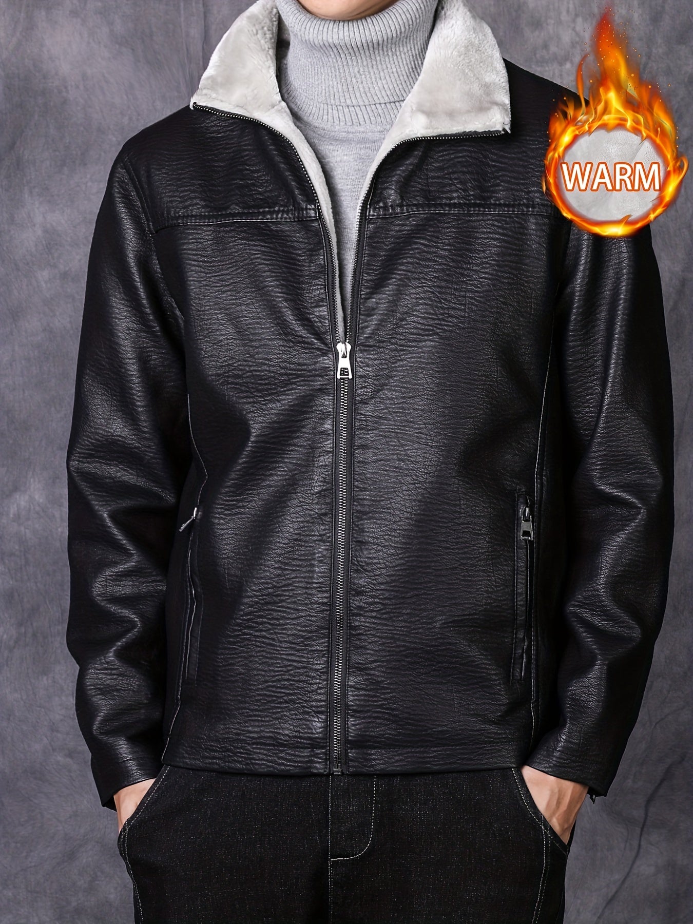 Men's PU Leather Outdoor Jacket Windproof Warm Fleece Coat