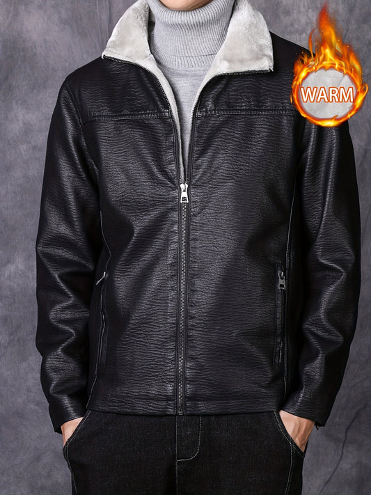 Men's PU Leather Outdoor Jacket Windproof Warm Fleece Coat