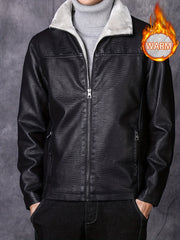 Men's PU Leather Outdoor Jacket Windproof Warm Fleece Coat