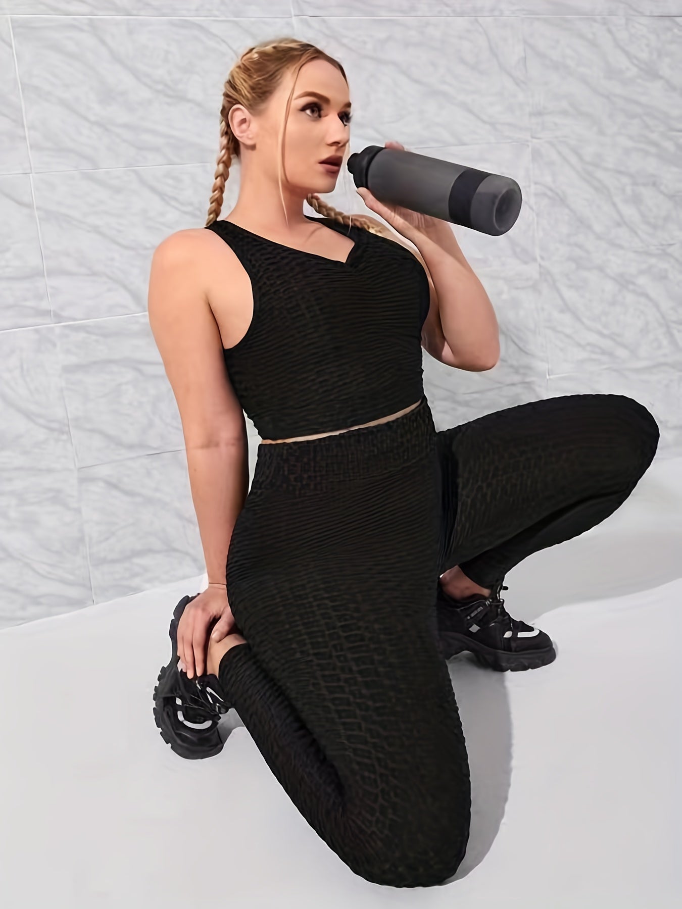  Plain Honeycomb Pattern Tank Crop Top & Leggings Sports Outfit Set
