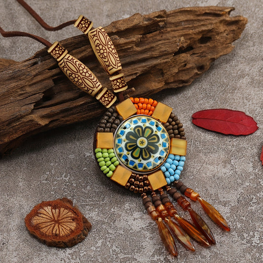 Vintage Long Sweater Chain Boho Resin Necklace Hand Braided Jewelry