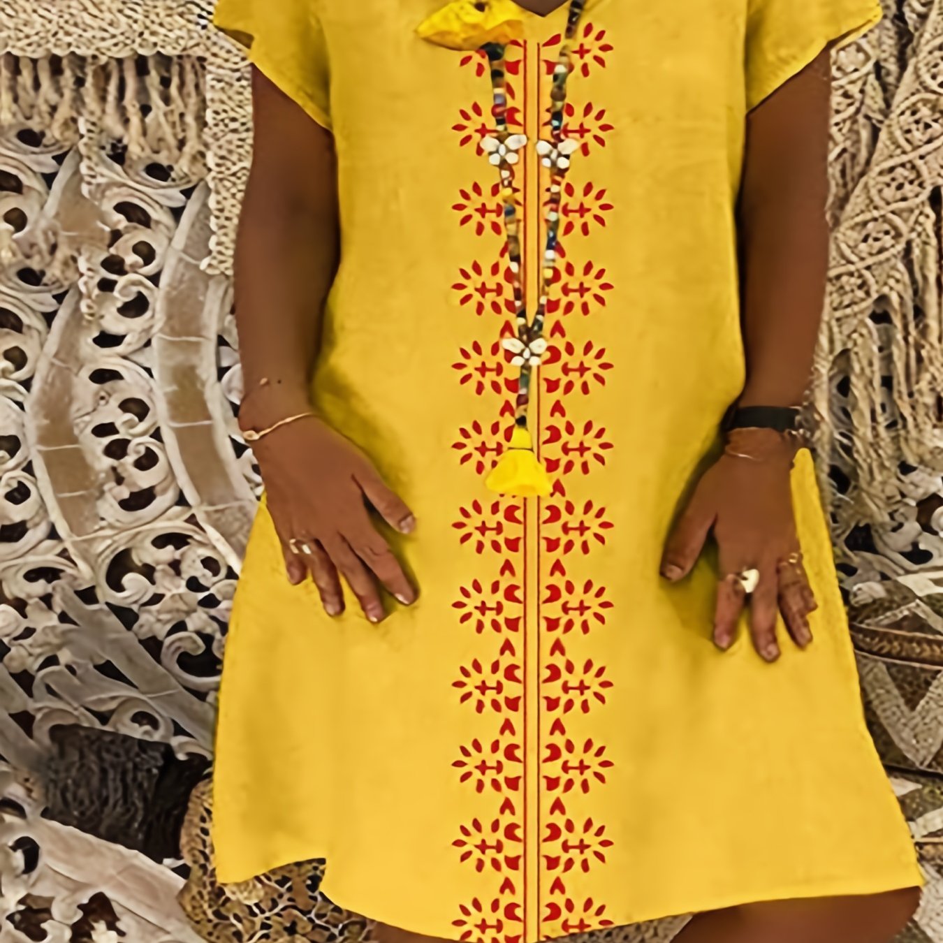  Geometric Print V Neck Knee Length Dress