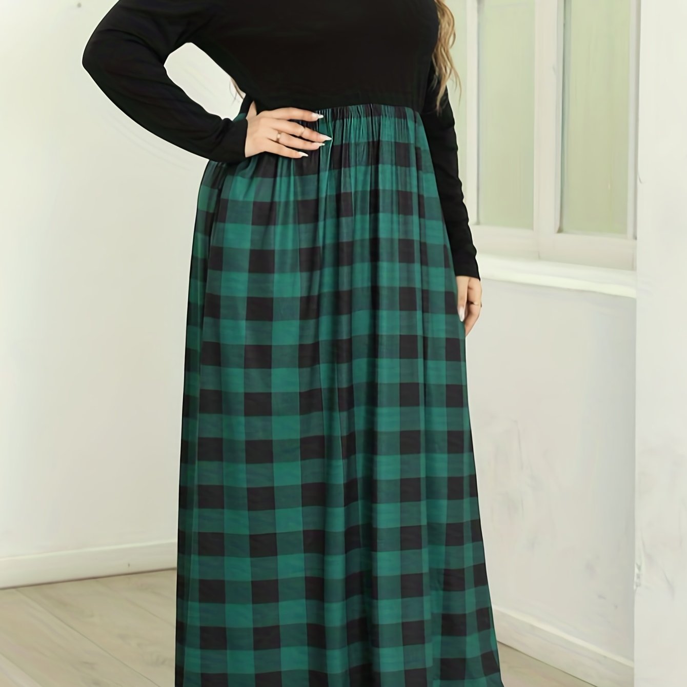  Colorblock Gingham Print Maxi Dress With Pockets