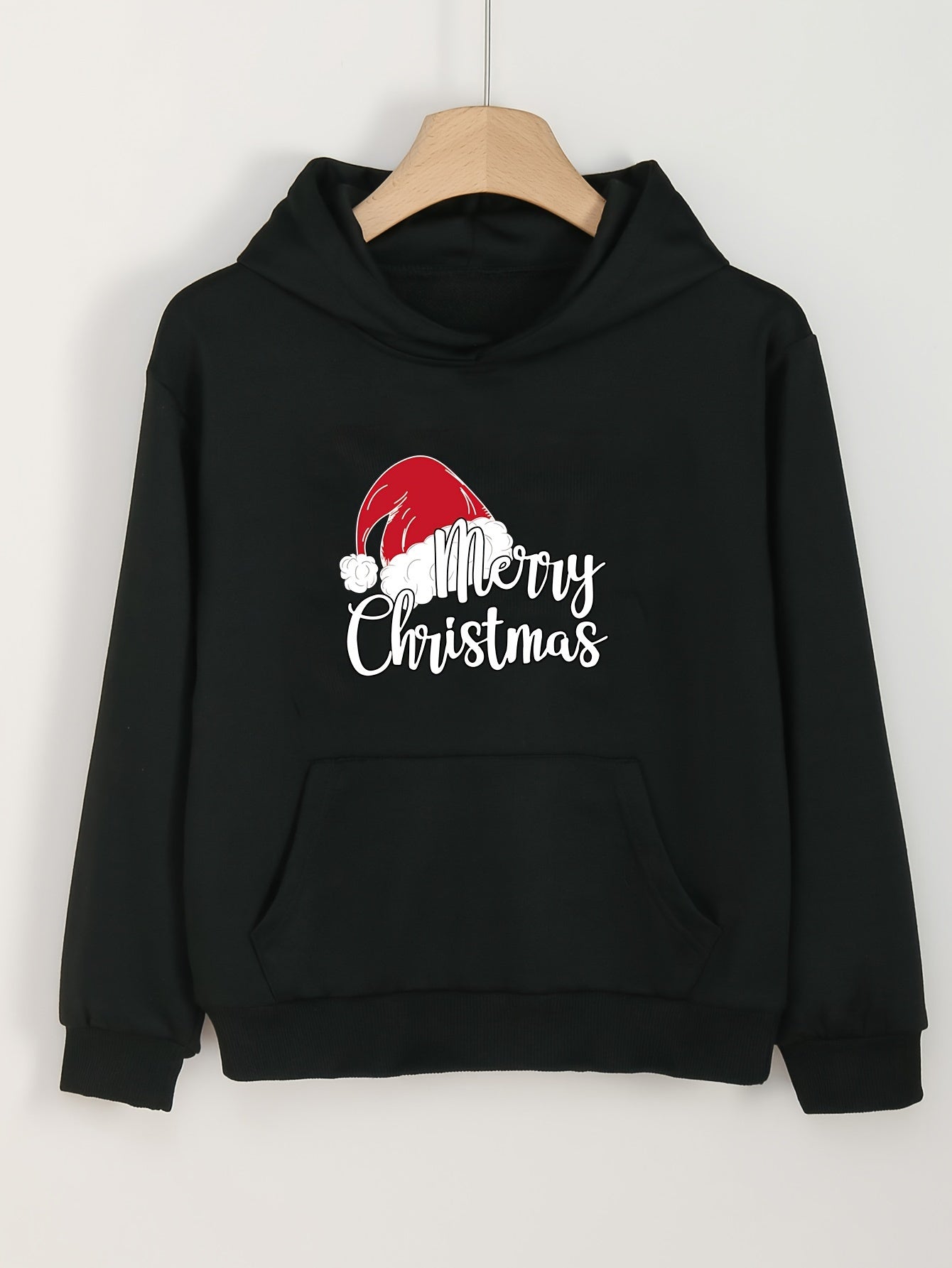 Girl's Santa Hat Print Hoodie With Pocket Stylish Sweatshirt Top