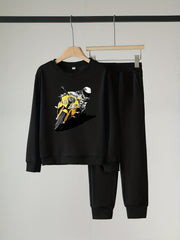 Boy's 2pcs Sweatshirt & Sweatpants Set Cartoon Motorcycle Boy Print