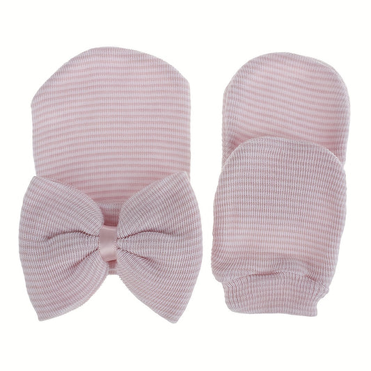 Big Bow Soft Gloves & Hat Set With Baby Pullover Hat