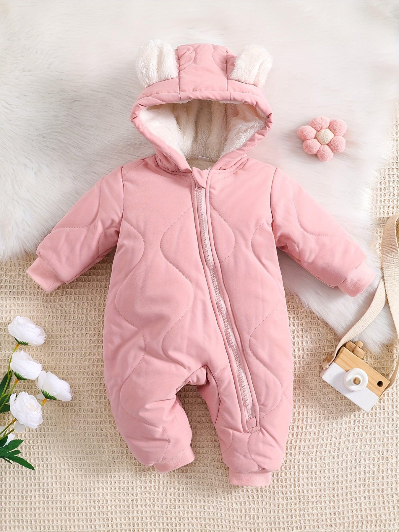 Infant Hooded Thick Romper Long Sleeve Zipper Thermal Jumpsuit