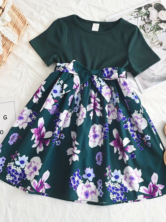 Floral Print Belted Dress Short Sleeve Round Neck A Line Flared Dresses