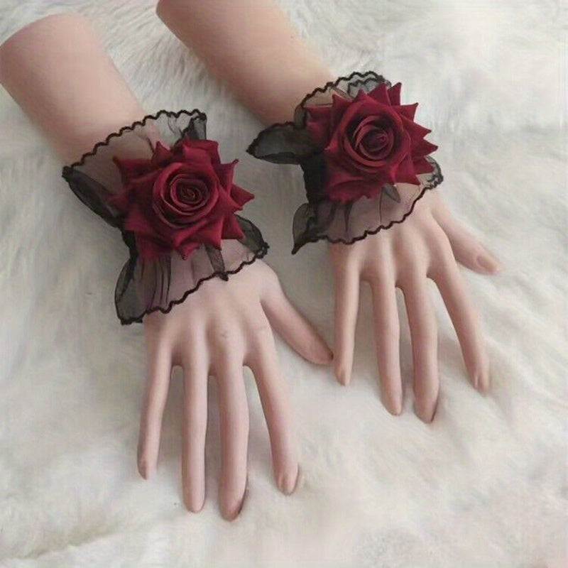 Rose Decor Lace Wrist Sleeve Ruffle Pleated Flared Gothic Decorated Accessories
