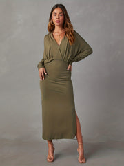  Solid Batwing Sleeve V Neck Bodycon Midi Dress