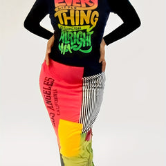  Colorblock Stripe & Letter Print Bodycon Midi Dress