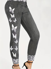  Butterfly & Denim Print Skinny Leggings