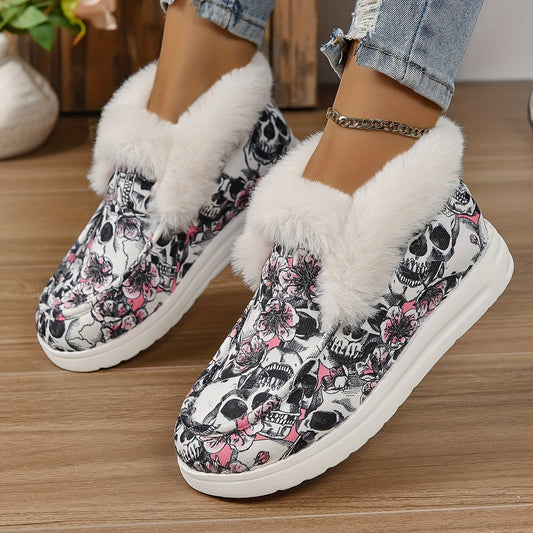 Skull Print Plush Lined Snow Boots High Top Warm Loafers