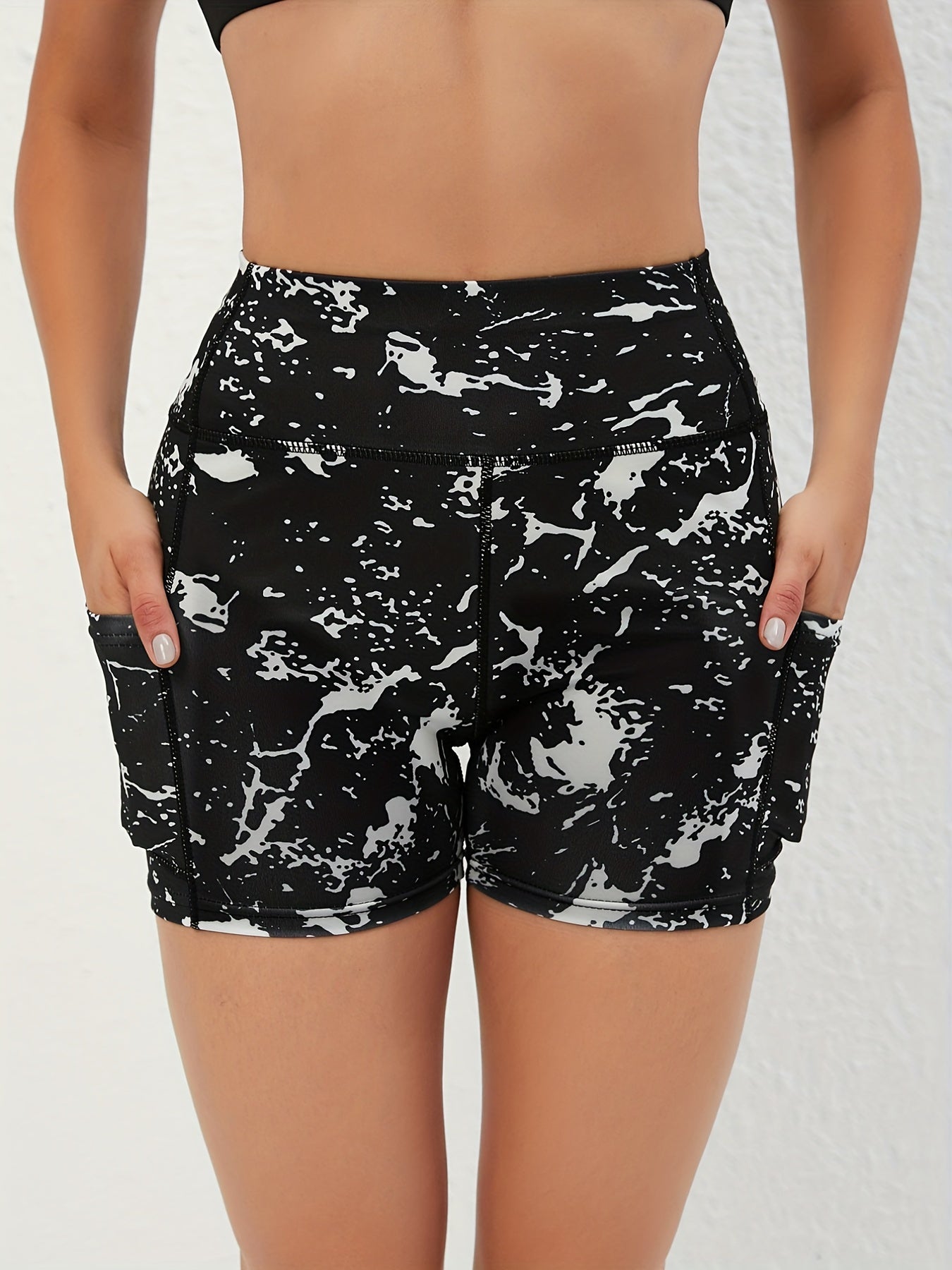 High Waist Yoga Shorts with Pockets Graffiti Print