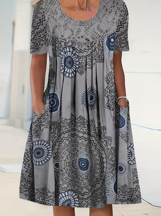 Casual Dress Women's Plus Random Print Contrast Lace Short Sleeve