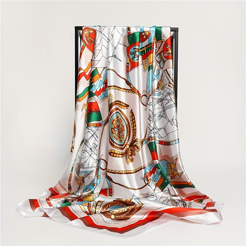 Sailboat Print Square Scarf Classic Satin Shawl Silk Neckerchief Bandana