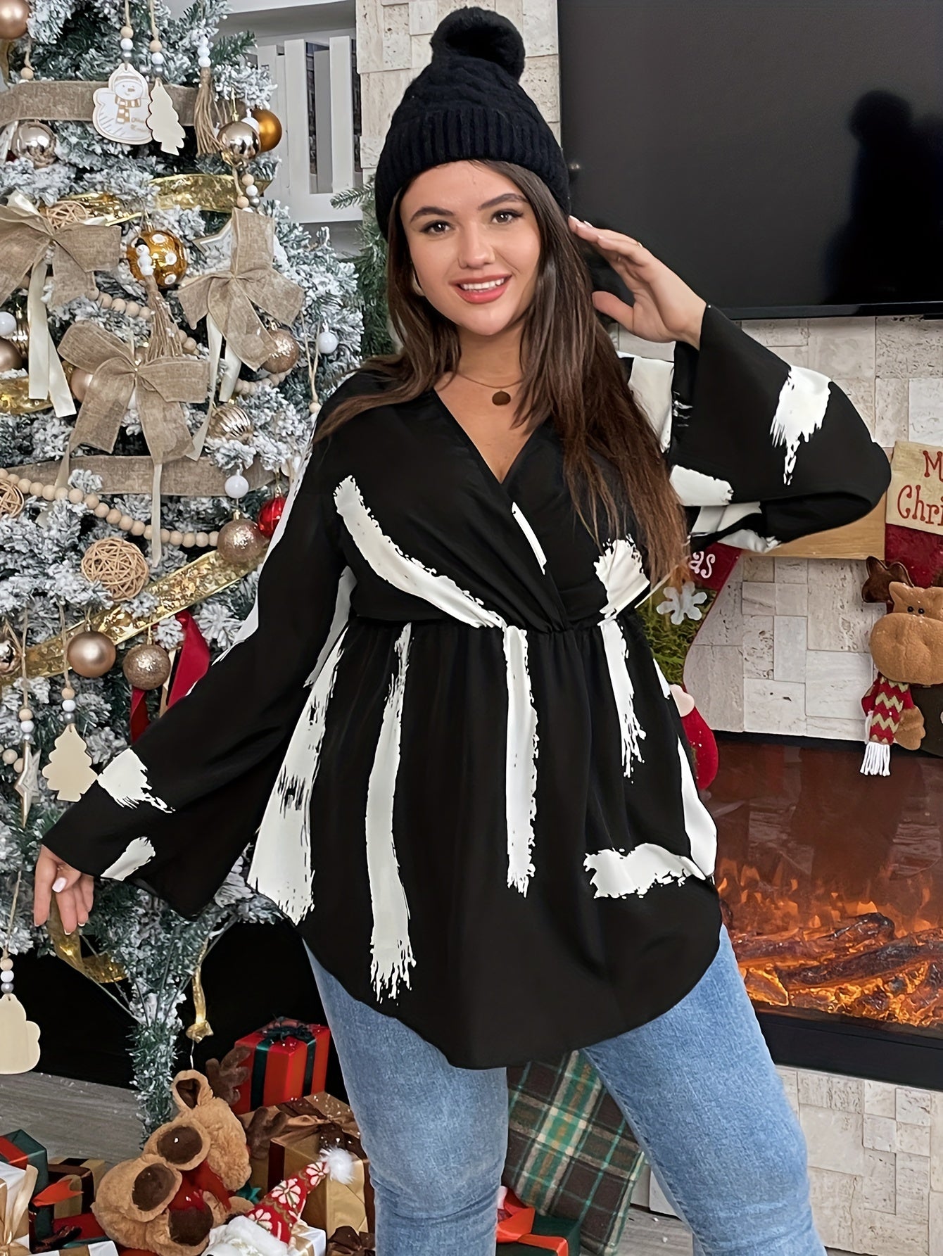  Brush Print Long Sleeve Surplice Neck Peplum Top