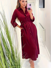  Solid Three Quarter Sleeve Maxi Dress With Belt